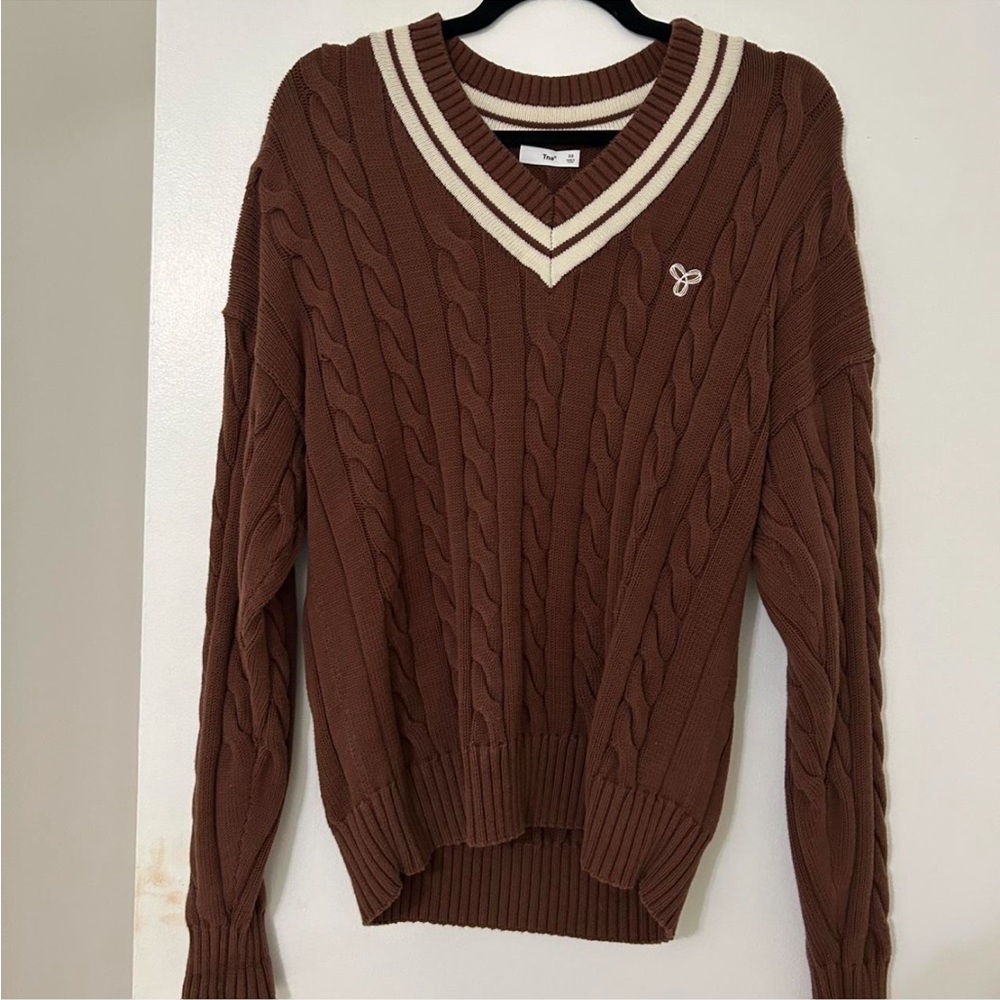 TNA Aritizia Brown Cable Knit V-Neck Sweater